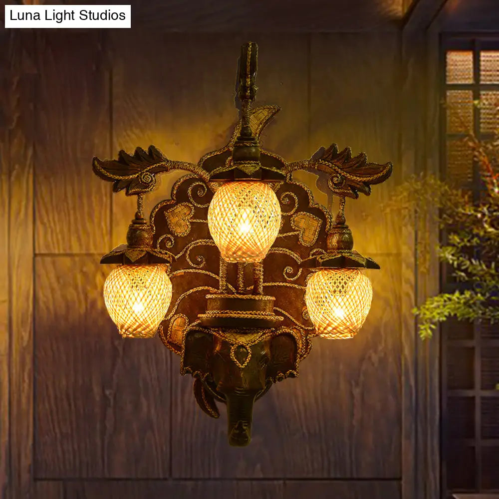 Country Stairway Wall Sconce With Melon Bamboo Shade In Brown - Lighting Fixture