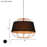 Country Style 1-Bulb Pendant Light Kit - Tapered Drum Fabric Hanging Lamp In White/Black With Wire