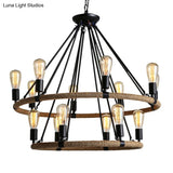 Country Style 14-Head Circular Roped Pendant Chandelier In Brown