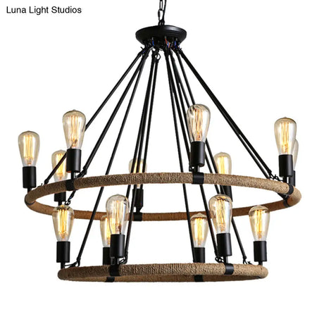 Country Style 14-Head Circular Roped Pendant Chandelier In Brown