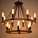 Country Style 14-Head Circular Roped Pendant Chandelier In Brown