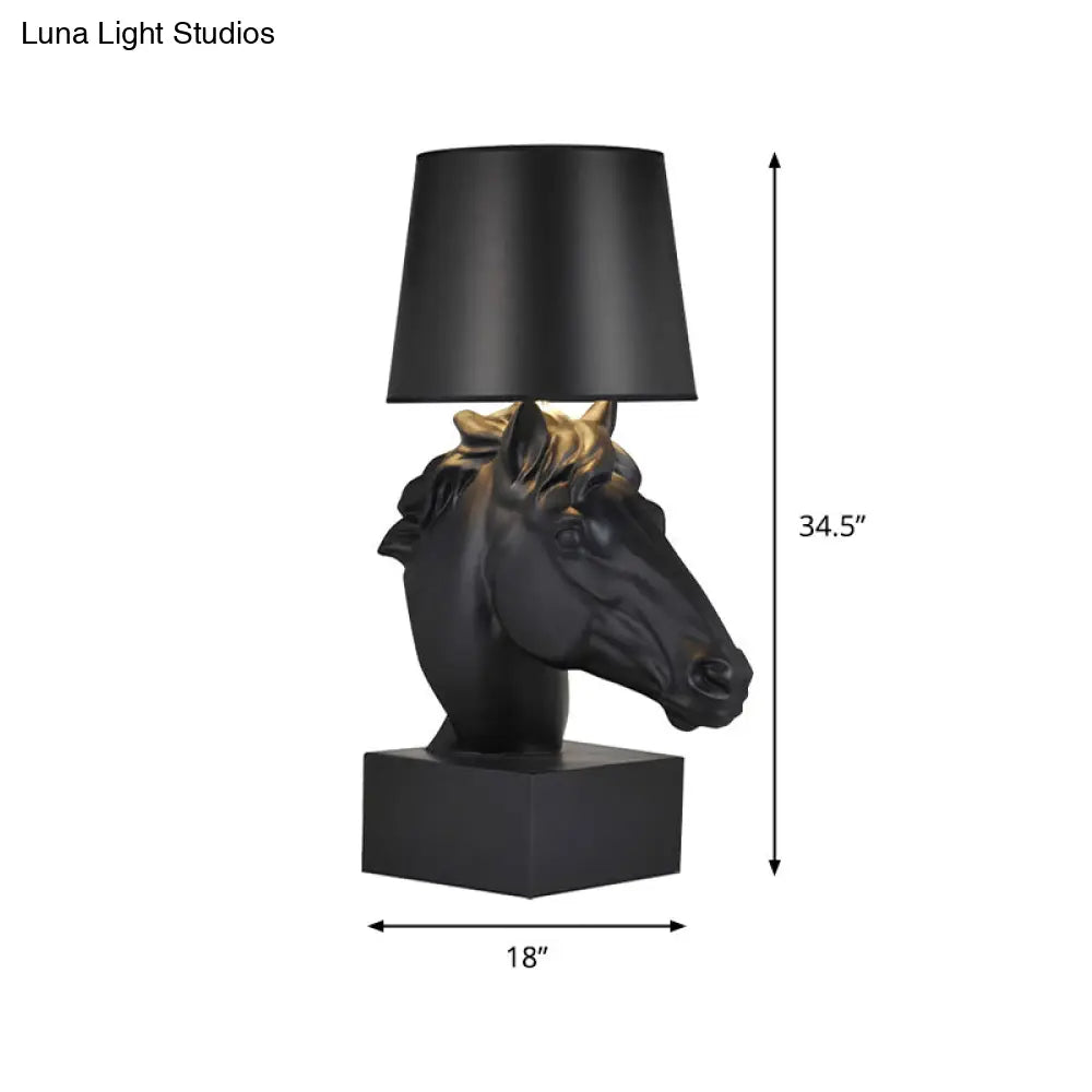 Country Style Black Fabric Table Lamp With Steed Head Base - Tapering Parlor Night Light