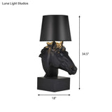 Country Style Black Fabric Table Lamp With Steed Head Base - Tapering Parlor Night Light
