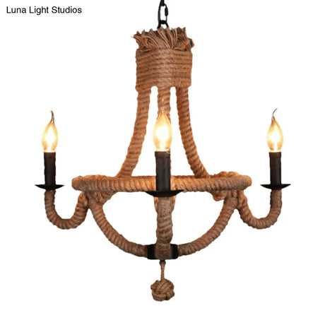 Country Style Black Metal Chandelier With 3 Candle Lights And Rope Detail