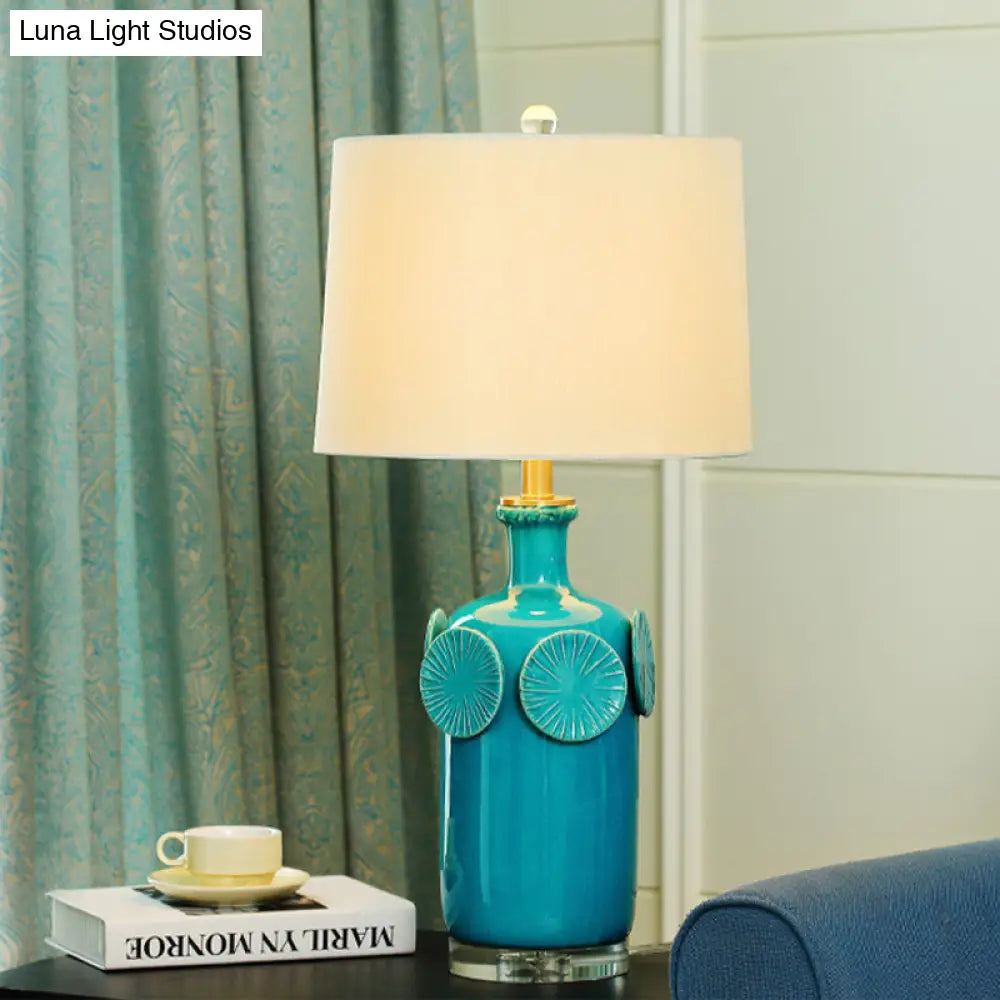 Country Style Blue Ceramic Table Lamp With Fabric Shade - Jug Nightstand Lighting