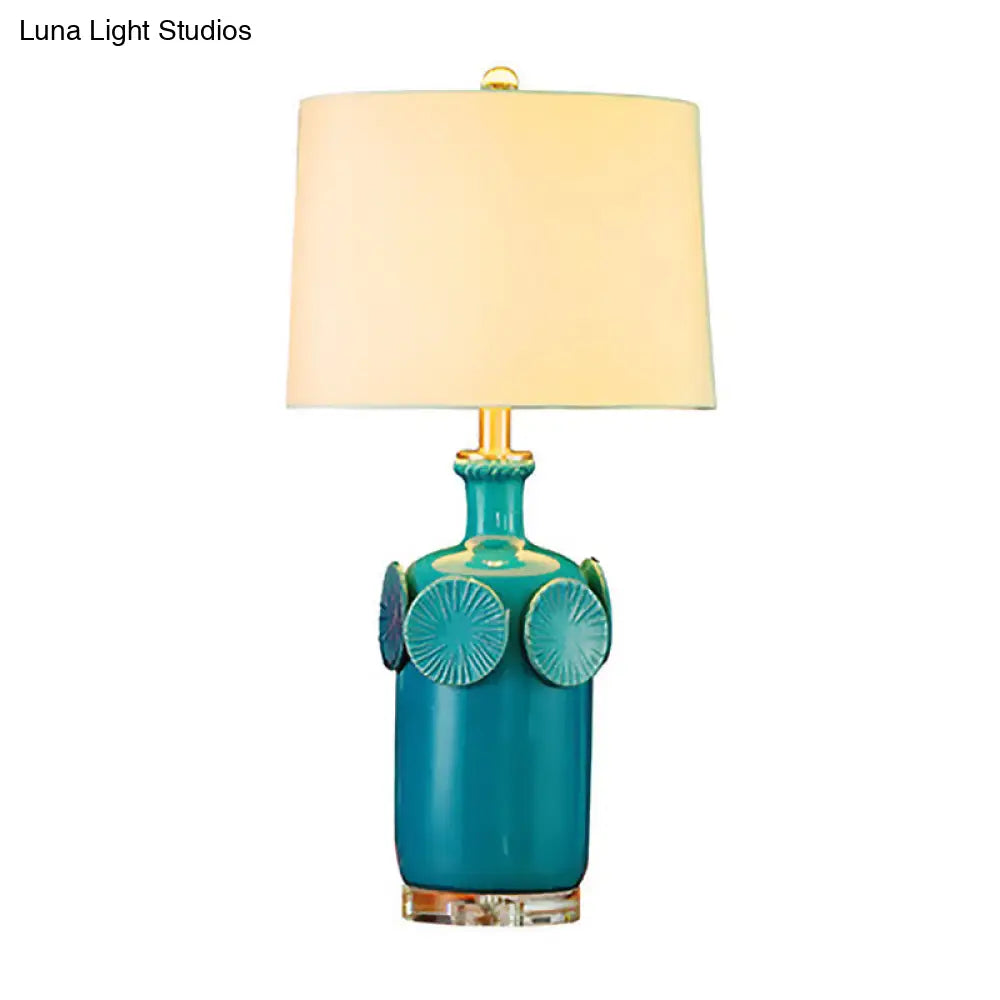 Country Style Blue Ceramic Table Lamp With Fabric Shade - Jug Nightstand Lighting
