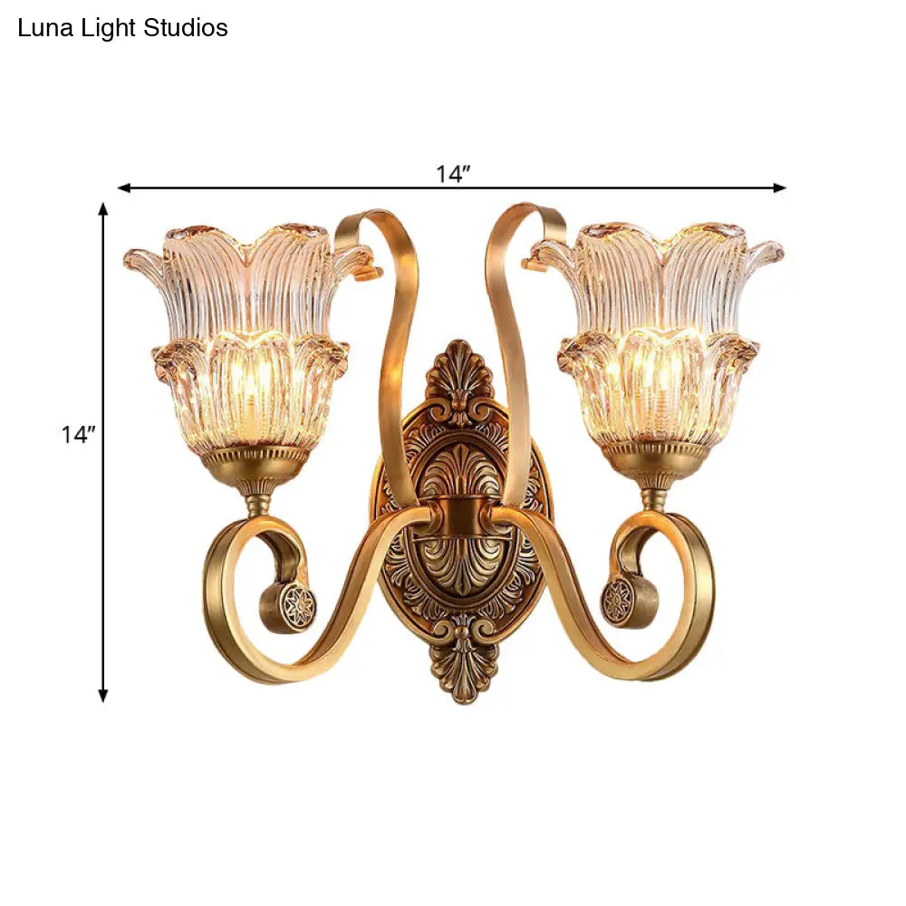Country-Style Brass Wall Sconce With Crystal Glass Flower Accent And Swooping Arm - 1/2 Bulb Light