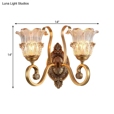 Country-Style Brass Wall Sconce With Crystal Glass Flower Accent And Swooping Arm - 1/2 Bulb Light