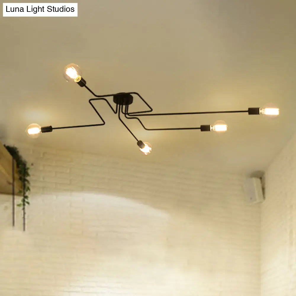 Country Style Ceiling Mounted Lamp: 5 - Light Semi Flush Mount In Black Exposed Bulb Design
