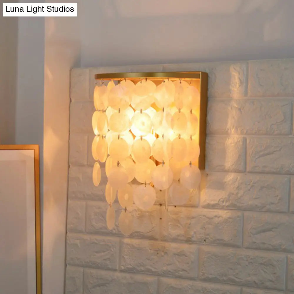 Country Style Gold Shell Wall Lamp With Circle Strands - 1 Head Bedroom Sconce Light