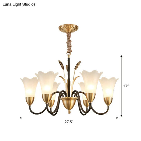Country Style Mini Flower Pendulum Chandelier With Frosted Glass And Scroll Arm In Black/Gold - 6/8