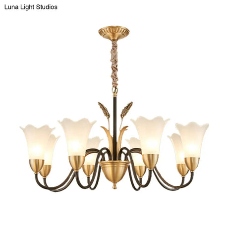 Country Style Mini Flower Pendulum Chandelier With Frosted Glass And Scroll Arm In Black/Gold - 6/8