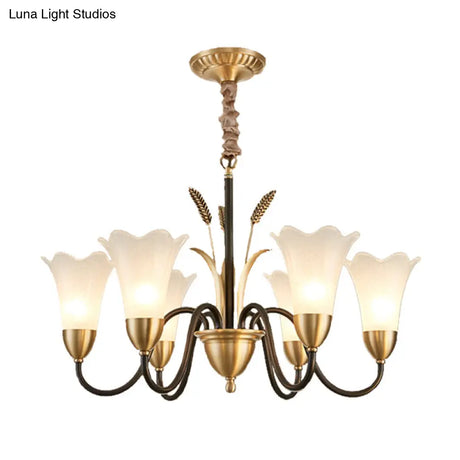 Country Style Mini Flower Pendulum Chandelier With Frosted Glass And Scroll Arm In Black/Gold - 6/8
