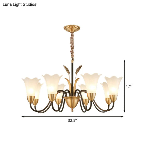 Country Style Mini Flower Pendulum Chandelier With Frosted Glass And Scroll Arm In Black/Gold - 6/8