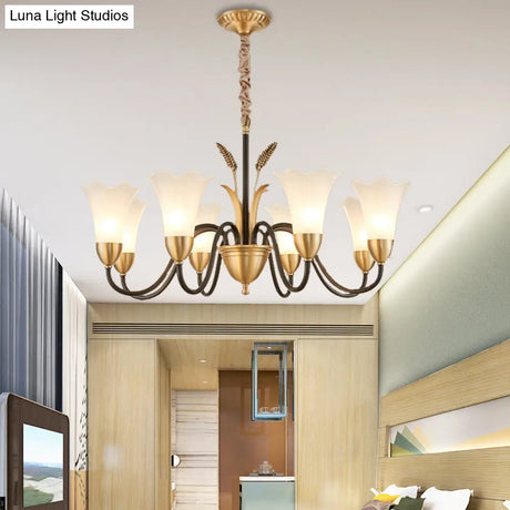 Country Style Mini Flower Pendulum Chandelier With Frosted Glass And Scroll Arm In Black/Gold - 6/8