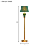 Country Style Plated Green Floor Lamp With Tapered Drum Shade And Ceramic Pot Decor
