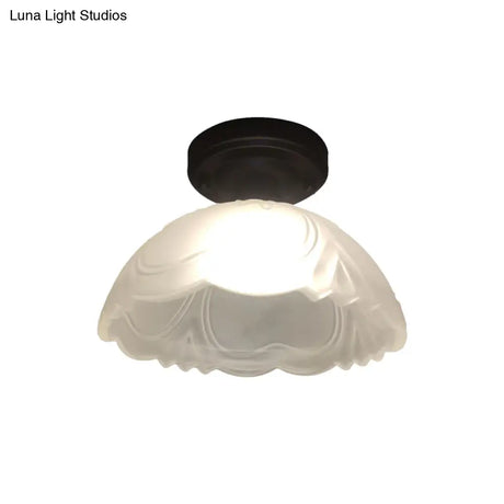 Country Style Ribbed Clear Glass Flower Flush Mount Light Fixture With Black Single Bulb Ceiling