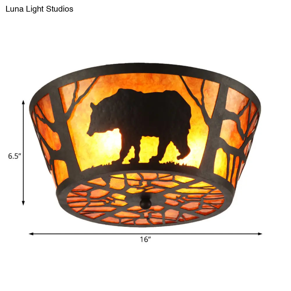 Country Style Round Marble Flushmount Ceiling Light With Bear/Horse Pattern And 3 Lights