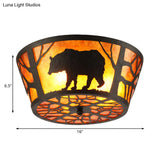 Country Style Round Marble Flushmount Ceiling Light With Bear/Horse Pattern And 3 Lights