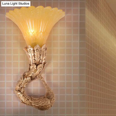 Country Style Scalloped Amber Glass Wall Lamp With Peacock Design
