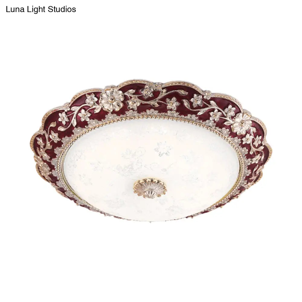 Country Style Veined Glass Flush Mount Ceiling Lamp In Dark Red Led - Sizes: 12’/16’/19.5