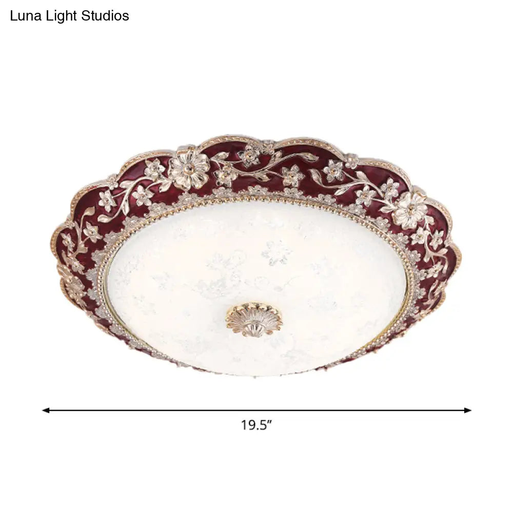 Country Style Veined Glass Flush Mount Ceiling Lamp In Dark Red Led - Sizes: 12’/16’/19.5