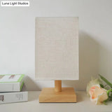 Country Style White Fabric Table Lamp With Wooden Base - Rectangular Shape Bedroom Lighting