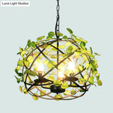 Country Style Wire Cage Iron Chandelier - Green Hanging Ceiling Light With Artificial Vine