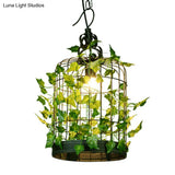 Country Style Wire Cage Iron Chandelier - Green Hanging Ceiling Light With Artificial Vine