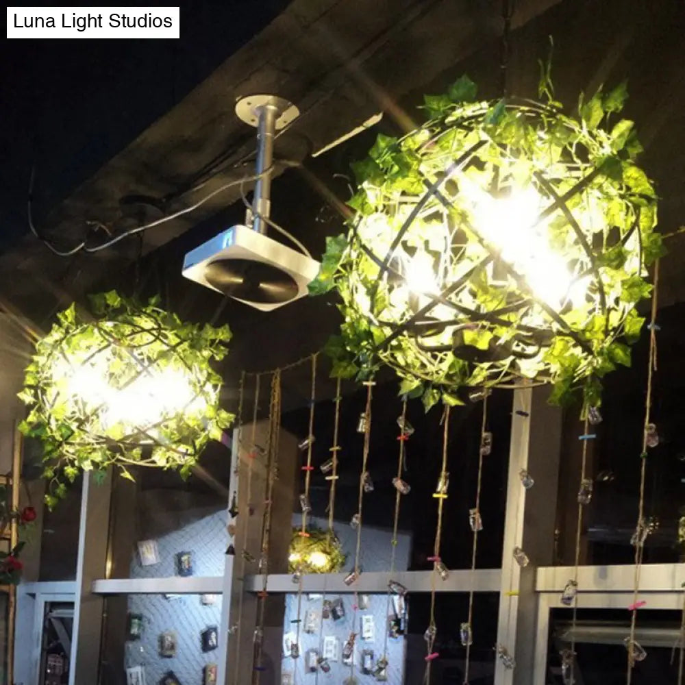 Country Style Wire Cage Iron Chandelier - Green Hanging Ceiling Light With Artificial Vine