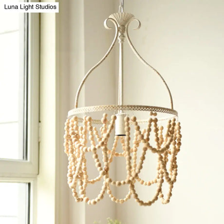 Country Style Wooden Beaded Pendant Ceiling Lamp With Iron Bellied Vase Hanging Frame - White 1 Bulb