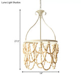 Country Style Wooden Beaded Pendant Ceiling Lamp With Iron Bellied Vase Hanging Frame - White 1 Bulb