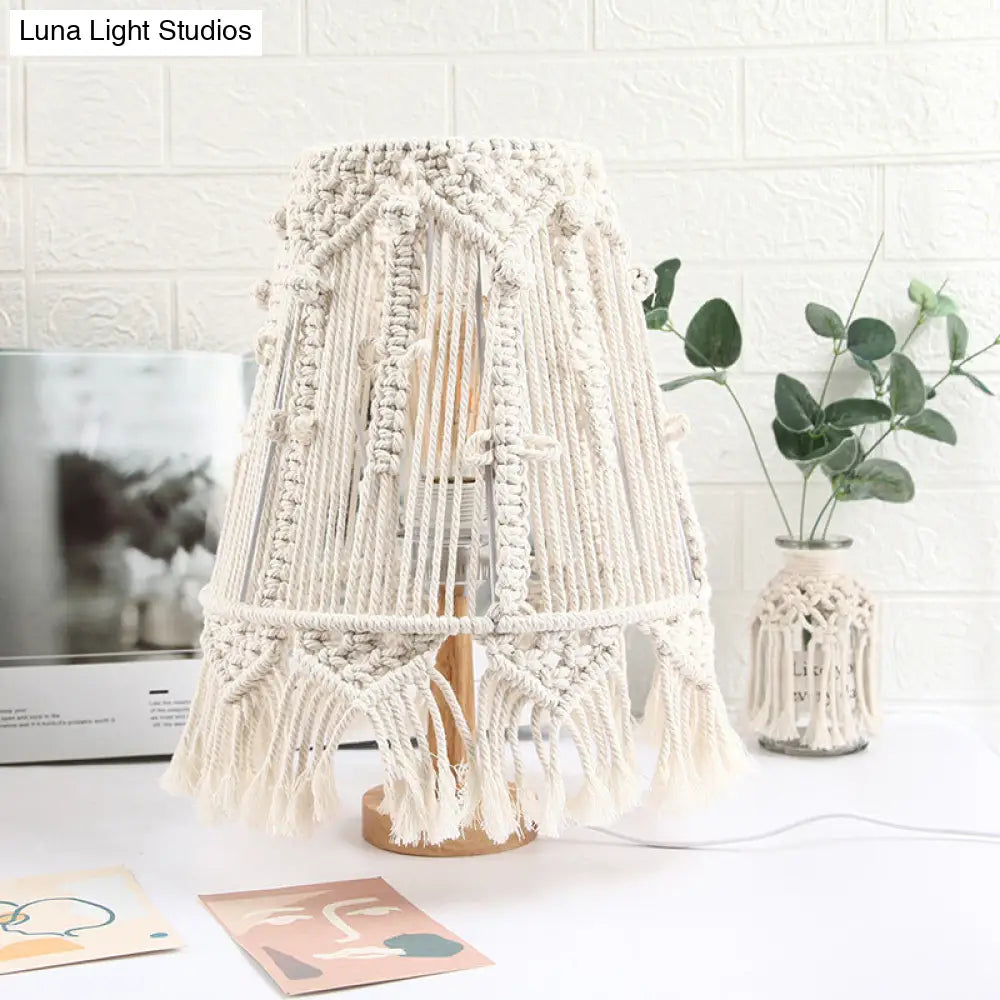Country Style Yellow Nightstand Lamp With Tassel Fringe For Bedroom