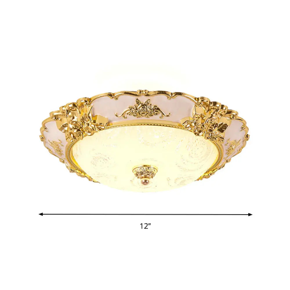 Country Textured Glass Flush Mount Light - Led Gold Bowl Living Room Lighting (12/16/19.5 W)