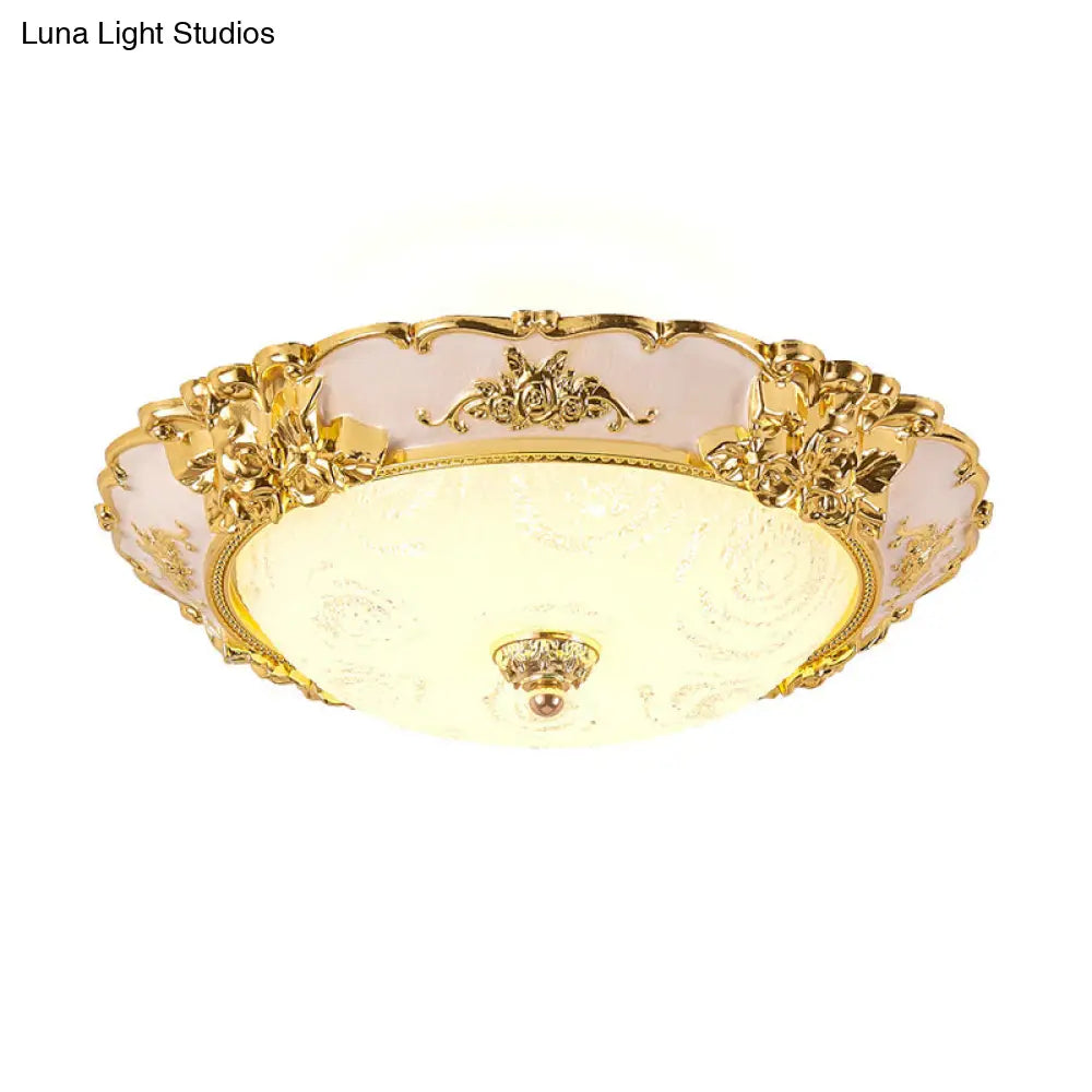 Country Textured Glass Flush Mount Light - Led Gold Bowl Living Room Lighting (12’/16’/19.5’ W)