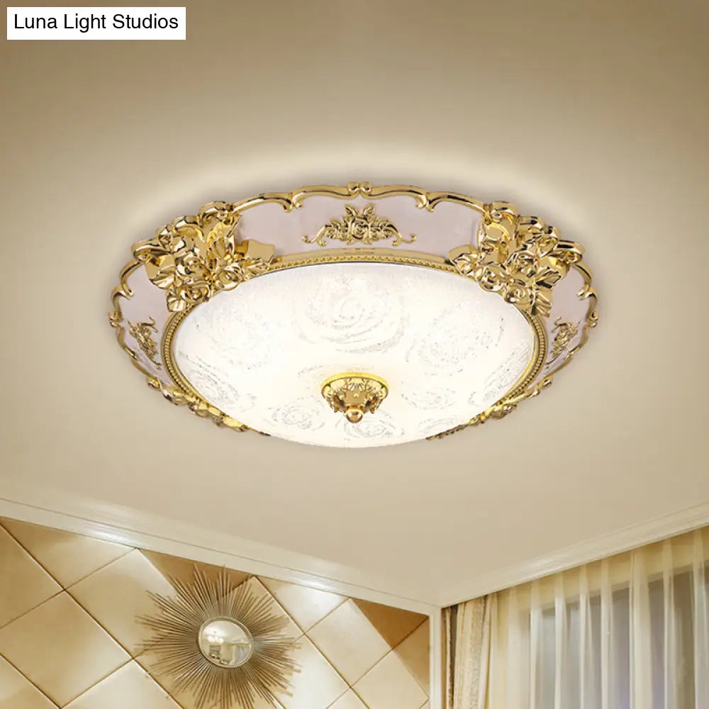 Country Textured Glass Flush Mount Light - Led Gold Bowl Living Room Lighting (12’/16’/19.5’ W)