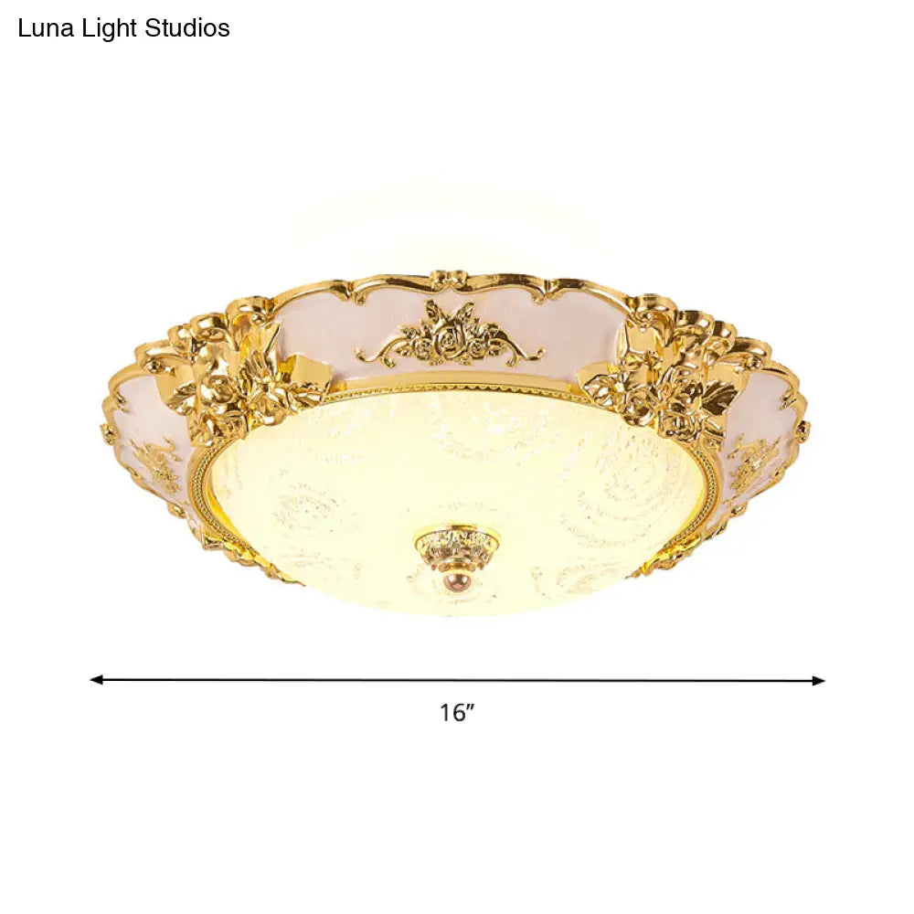 Country Textured Glass Flush Mount Light - Led Gold Bowl Living Room Lighting (12’/16’/19.5’ W)