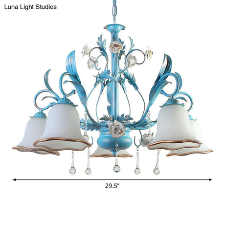 Countryside Bedroom Pendant Chandelier With Frosted Glass Shade And Crystal Decor In Blue - 3/5/8