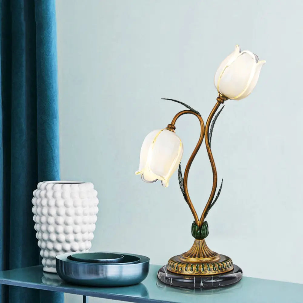 Countryside Blossom Table Lamp: White/Yellow Glass Night Light With Brass Accents For Living Room -