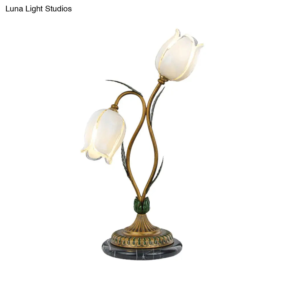 Countryside Blossom Table Lamp: White/Yellow Glass Night Light With Brass Accents For Living Room -