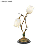 Countryside Blossom Table Lamp: White/Yellow Glass Night Light With Brass Accents For Living Room -