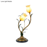 Countryside Blossom Table Lamp: White/Yellow Glass Night Light With Brass Accents For Living Room -