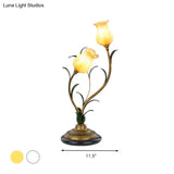 Countryside Blossom Table Lamp: White/Yellow Glass Night Light With Brass Accents For Living Room -