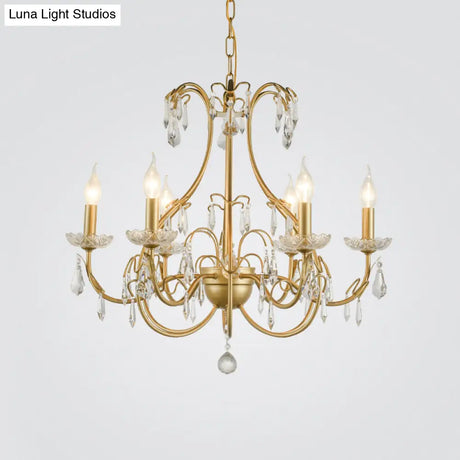 Countryside Brass Teardrop Chandelier Lamp - Metal 8 Bulb Pendant Light Kit With Crystal Accents