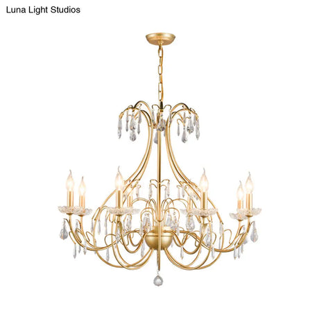 Countryside Brass Teardrop Chandelier Lamp - Metal 8 Bulb Pendant Light Kit With Crystal Accents