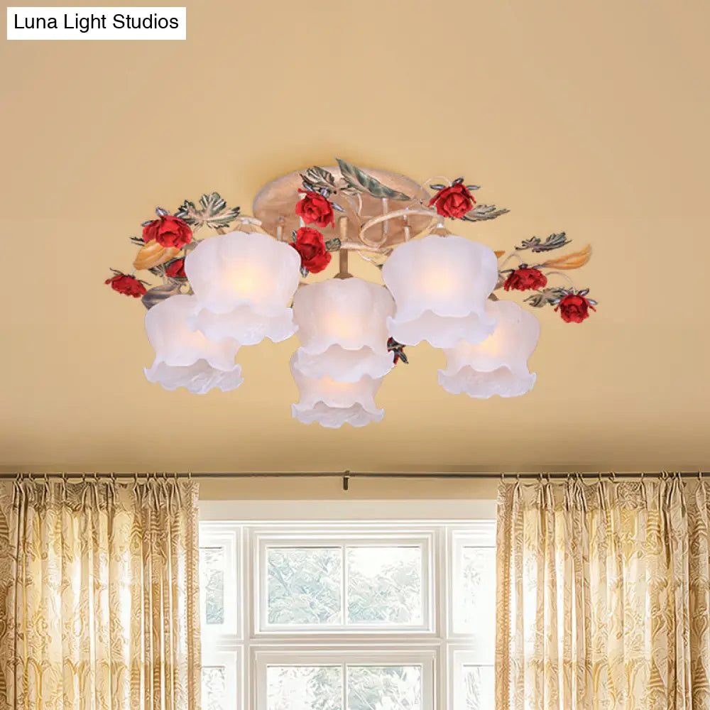 Countryside Coffee Floral Dining Room Semi Flush Light Fixture - 4/6 - Light Frosted Glass Mount