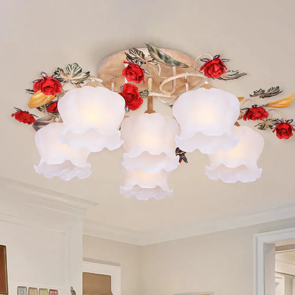 Countryside Coffee Floral Dining Room Semi Flush Light Fixture - 4/6 - Light Frosted Glass Mount 6 /