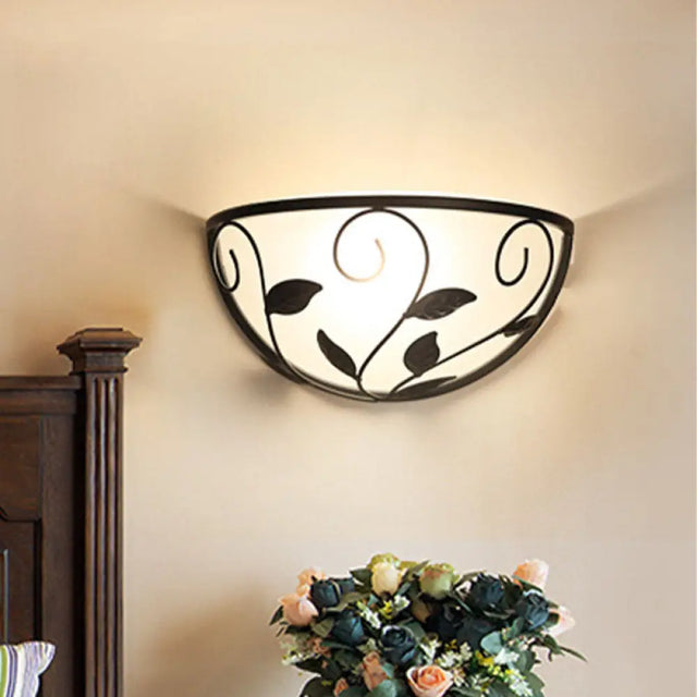 Countryside Cream Glass Wall Lamp With Cane Decoration - Black Flush Mount