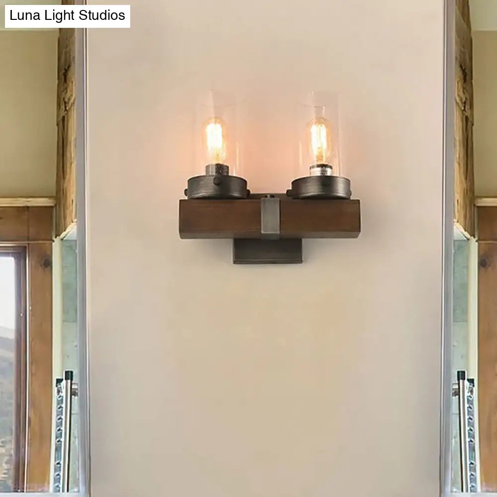 Countryside Cylindrical Wall Sconce Light - Clear Glass Lamp Fixture In Brown