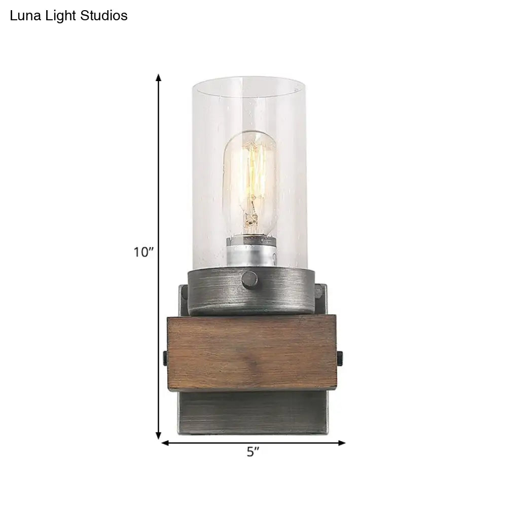 Countryside Cylindrical Wall Sconce Light - Clear Glass Lamp Fixture In Brown